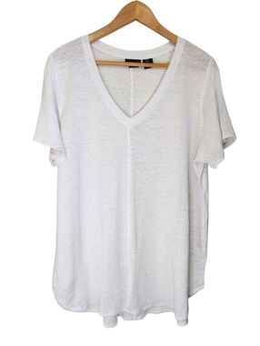 Tahari 100% Linen White Short Sleeve Tee Vneck Shirt Womens 1X